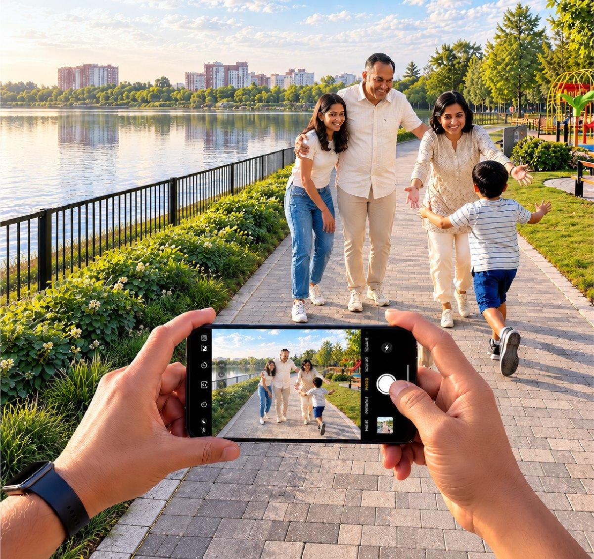 Family walking on the lakeside promenade
