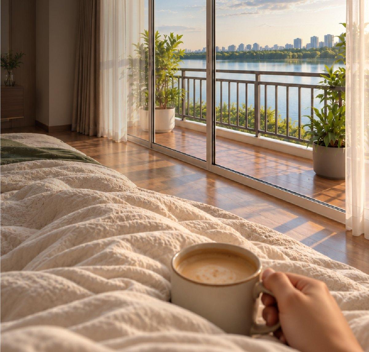 Morning coffee in bed with a view of the lake